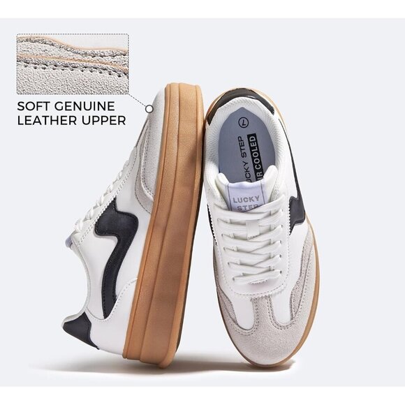 Women Platform WhiteBlack Sneaker Thick Sole Suede Leather Low Top Walking Shoes - Picture 2 of 9